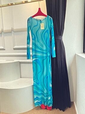 Emilio Pucci Turquoise & Aqua Swirl Long Maxi Dress